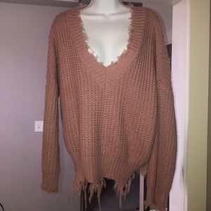 Pink V-Neck Cropped Fringe Sweater